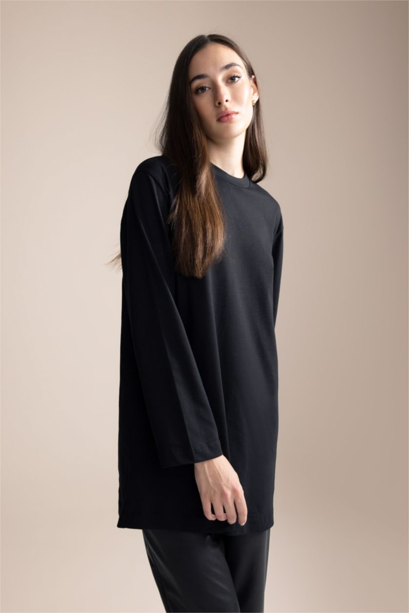 FEMME Noir Tunique Coupe Régulière Col Rond à Manches Courtes