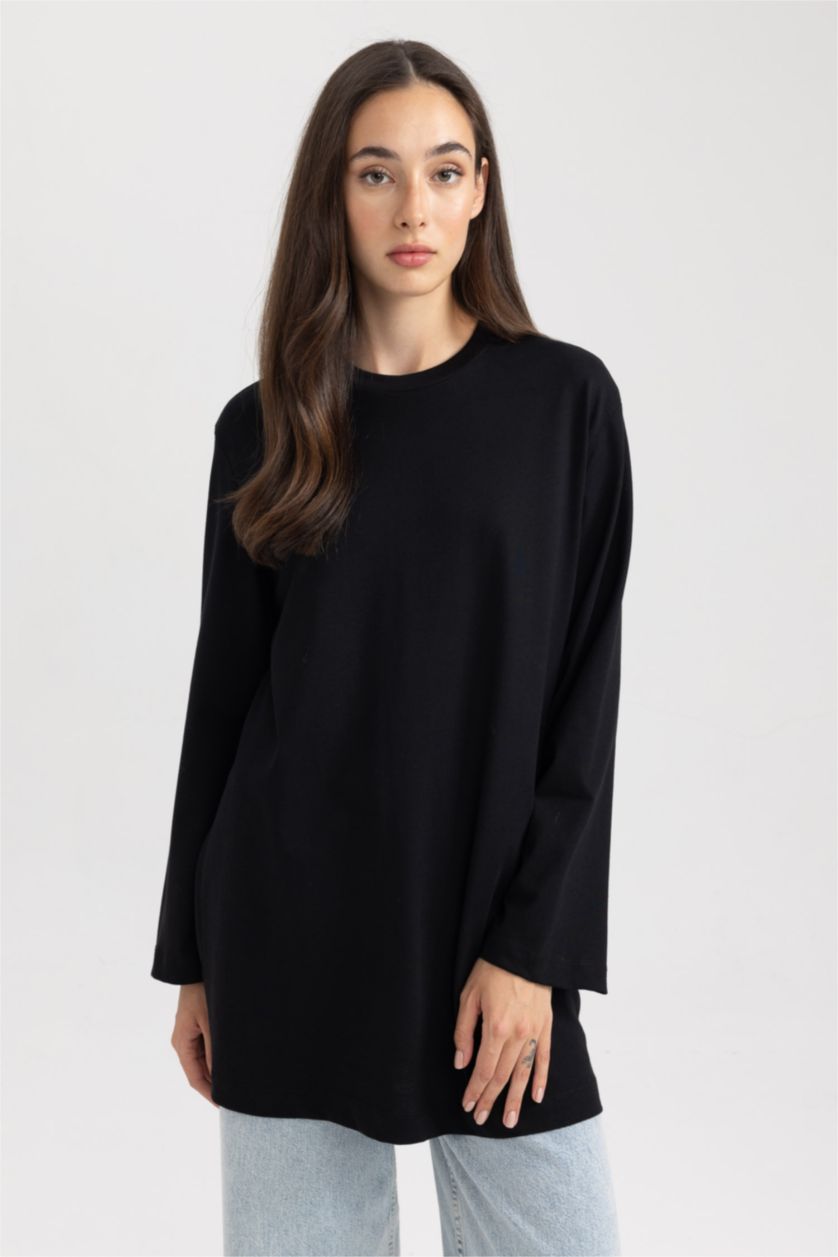 FEMME Noir Tunique Coupe Régulière Col Rond à Manches Courtes