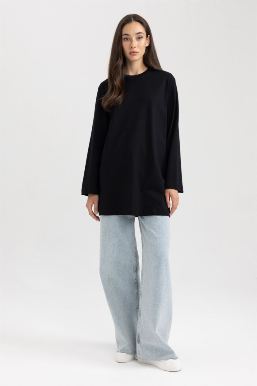 FEMME Noir Tunique Coupe Régulière Col Rond à Manches Courtes