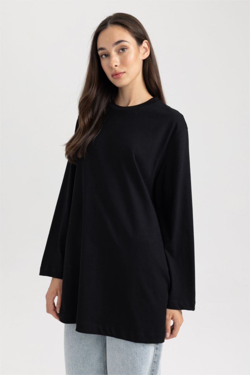 FEMME Noir Tunique Coupe Régulière Col Rond à Manches Courtes