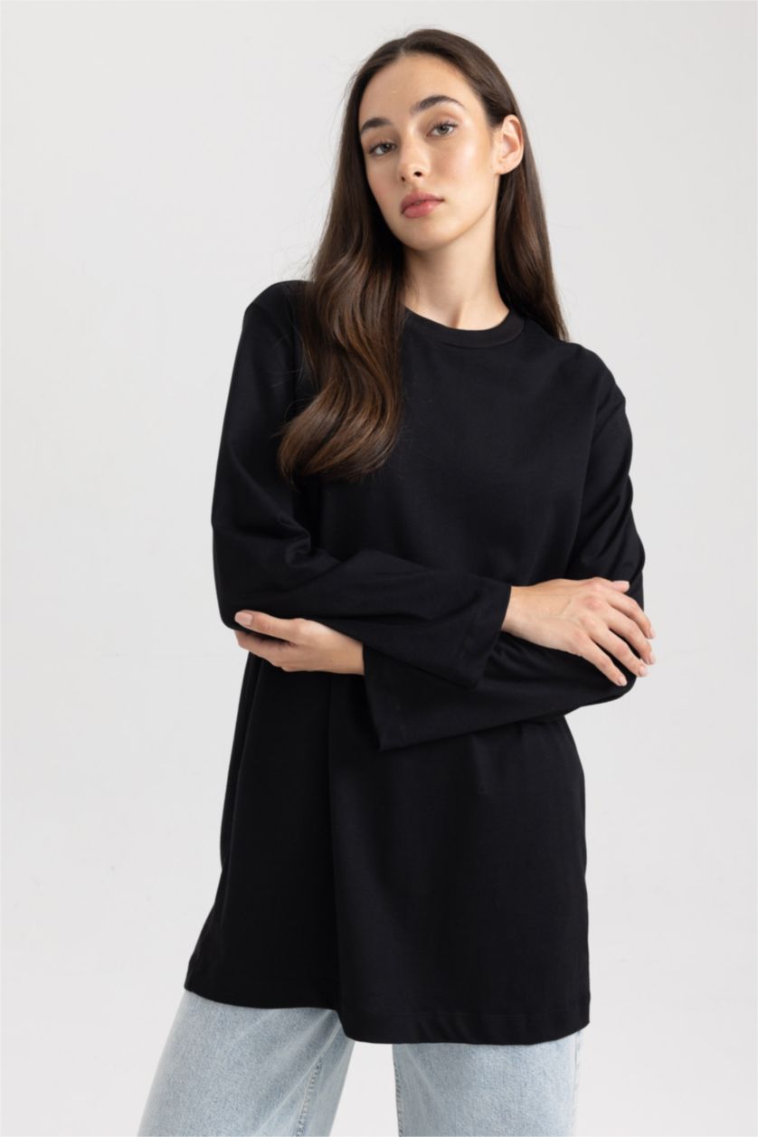 FEMME Noir Tunique Coupe Régulière Col Rond à Manches Courtes