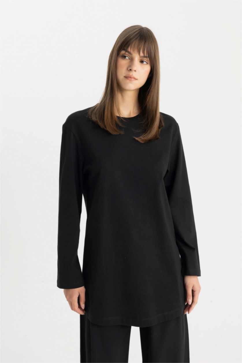 WOMAN Black Regular Fit Crew Neck Basic T-Shirt Tunic