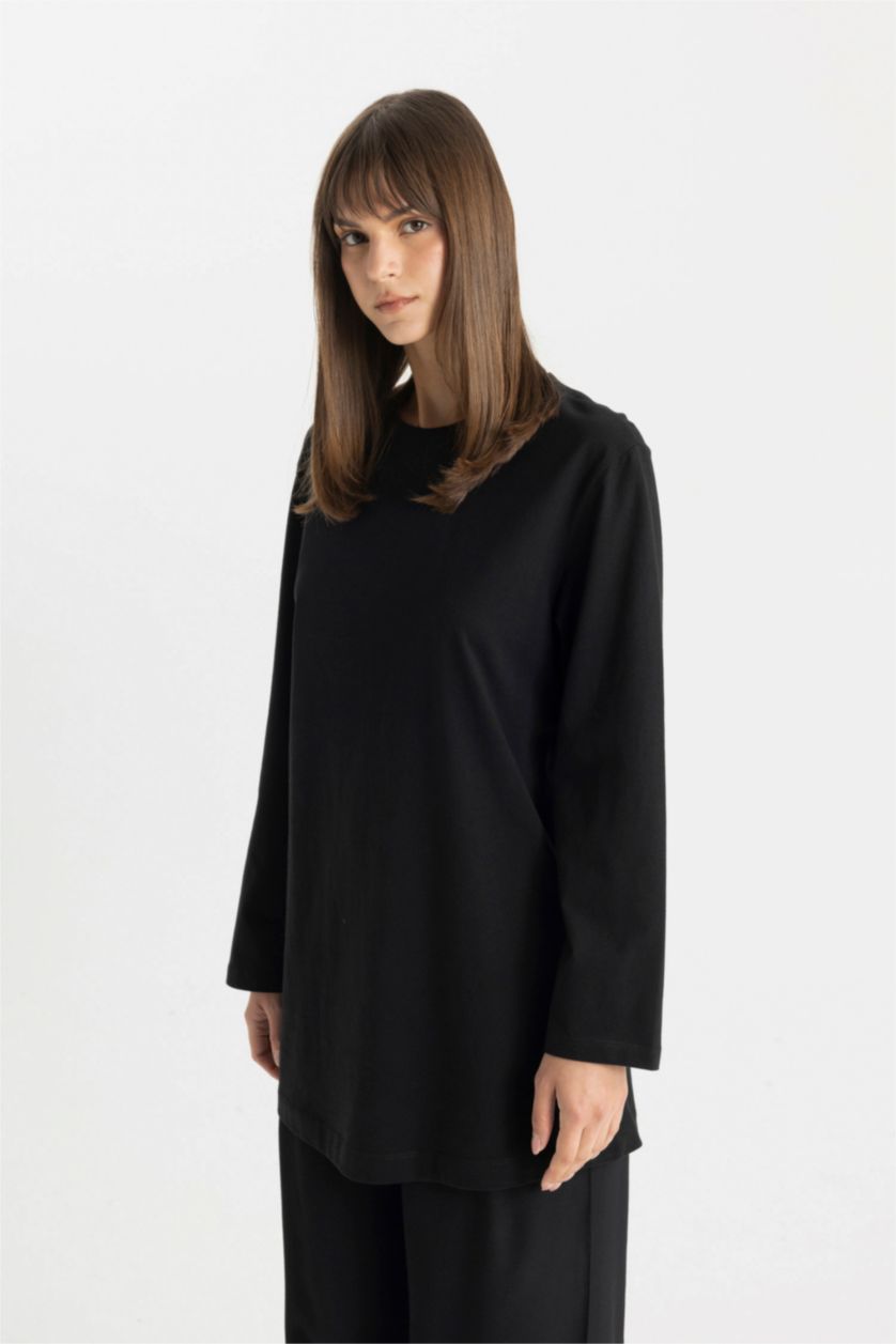 WOMAN Black Regular Fit Crew Neck Basic T-Shirt Tunic