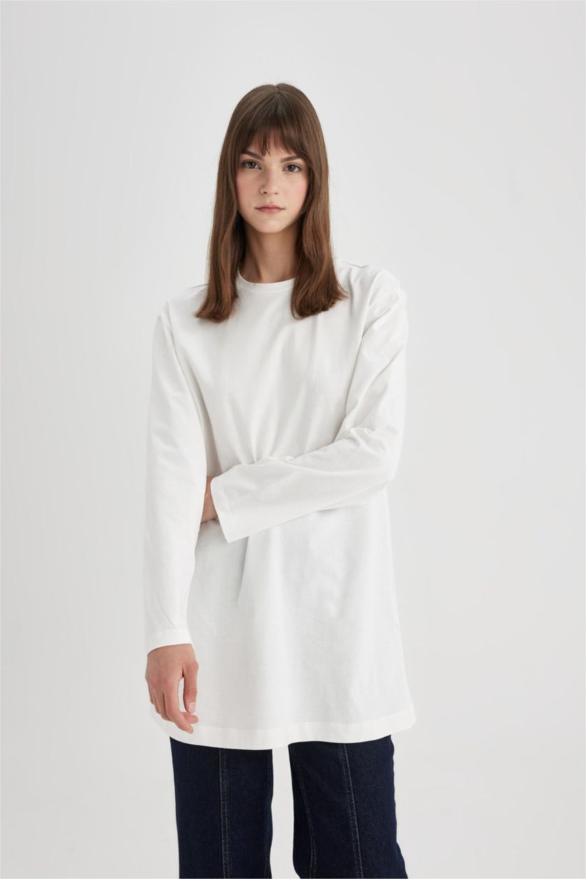 نساء بيج فاتح تيشيرت طويل جيرسي قصة عادية بياخة مستديرة