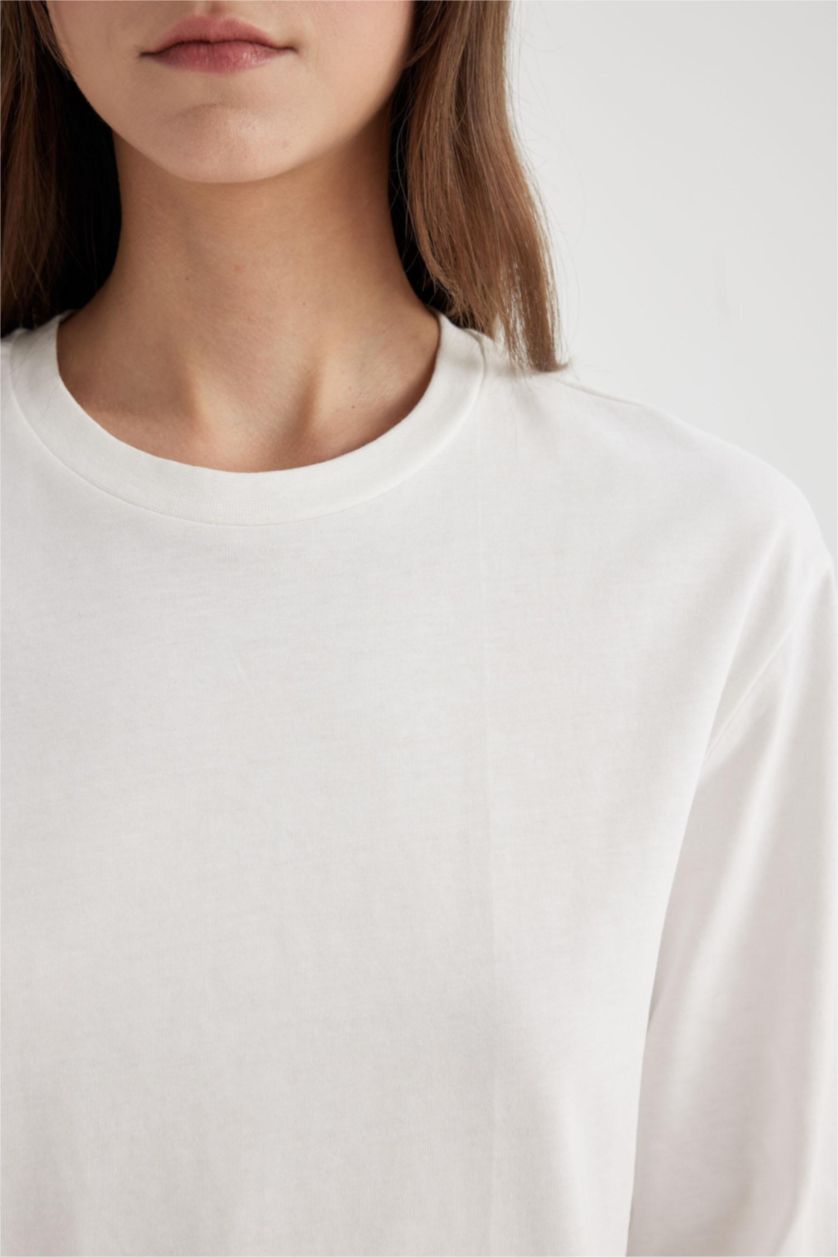 نساء بيج فاتح تيشيرت طويل جيرسي قصة عادية بياخة مستديرة