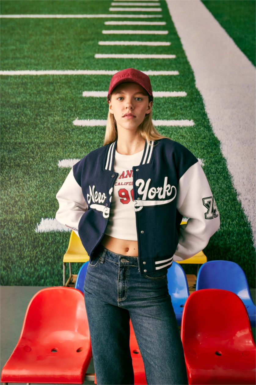 Женщины Синий Бомбер оверсайз с принтом из плотной ткани для женщин