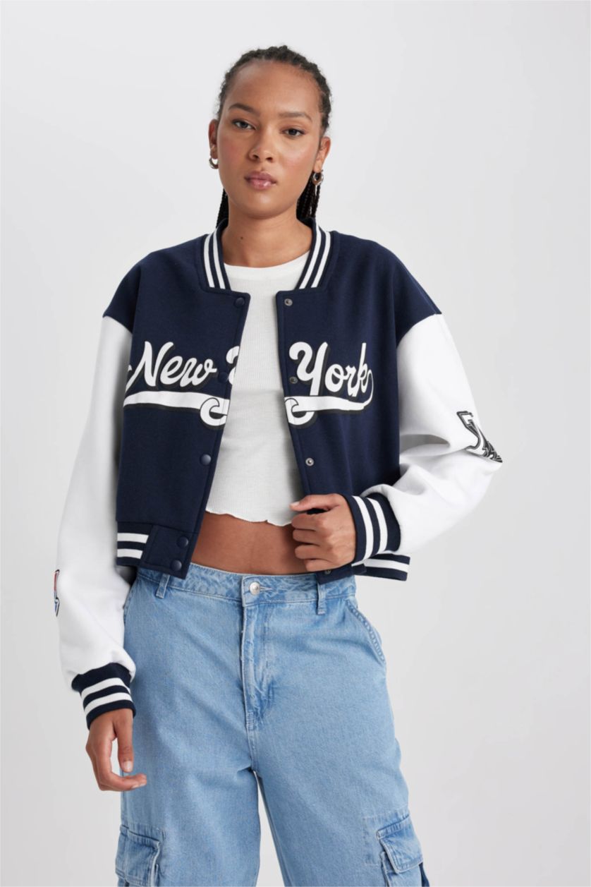 Женщины Синий Бомбер оверсайз с принтом из плотной ткани для женщин