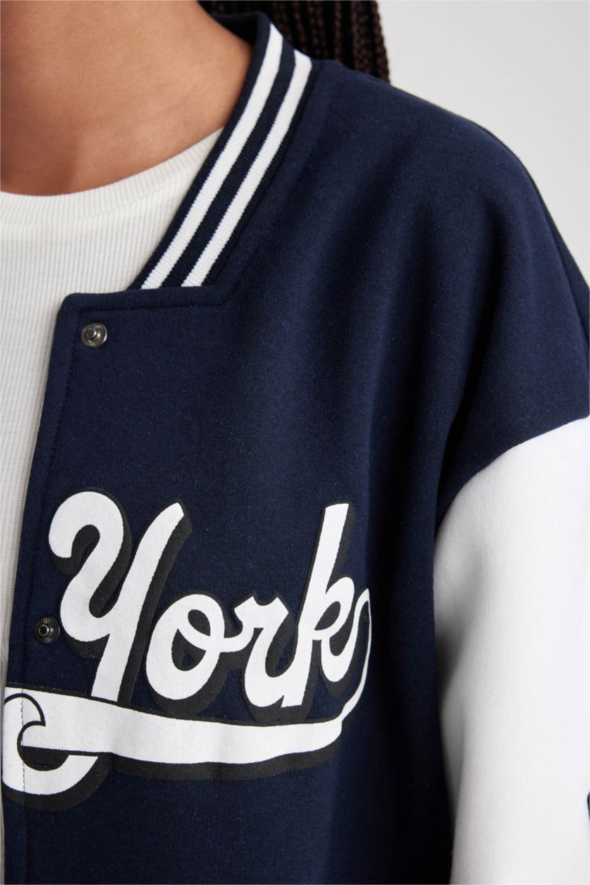 Женщины Синий Бомбер оверсайз с принтом из плотной ткани для женщин