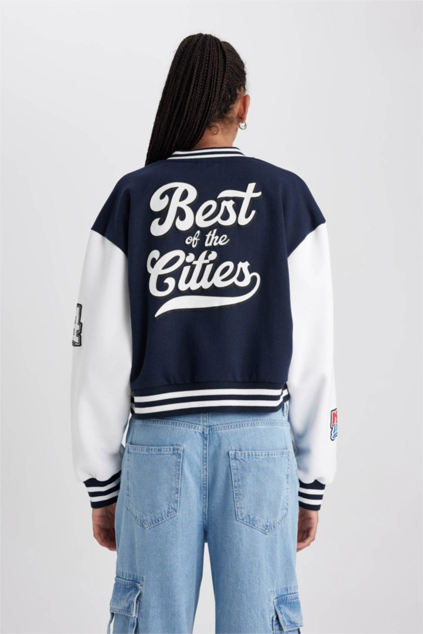 Женщины Синий Бомбер оверсайз с принтом из плотной ткани для женщин