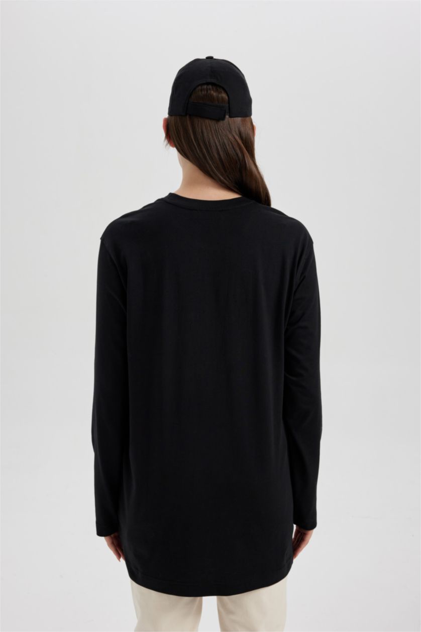 FEMME Noir Tunique Coupe Régulière à Manches Longues Jersey à Col Rond avec Motifs