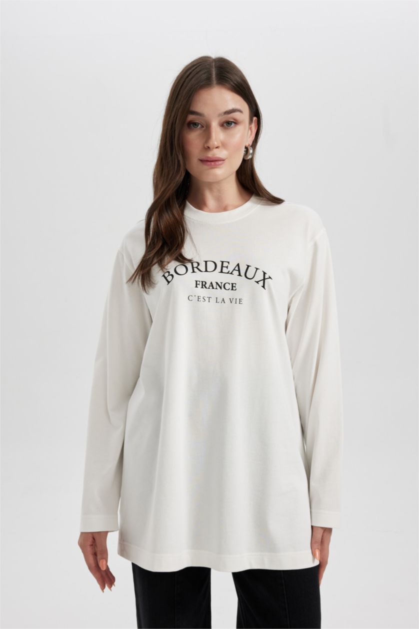 WOMAN Ecru Regular Fit Crew Neck Slogan Pattern Long Sleeve Tunic