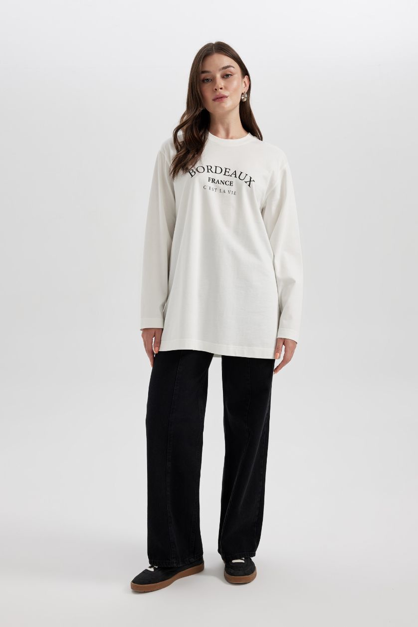 WOMAN Ecru Regular Fit Crew Neck Slogan Pattern Long Sleeve Tunic