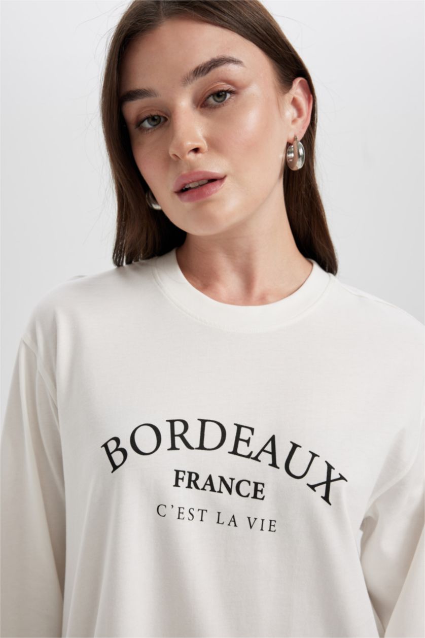 WOMAN Ecru Regular Fit Crew Neck Slogan Pattern Long Sleeve Tunic