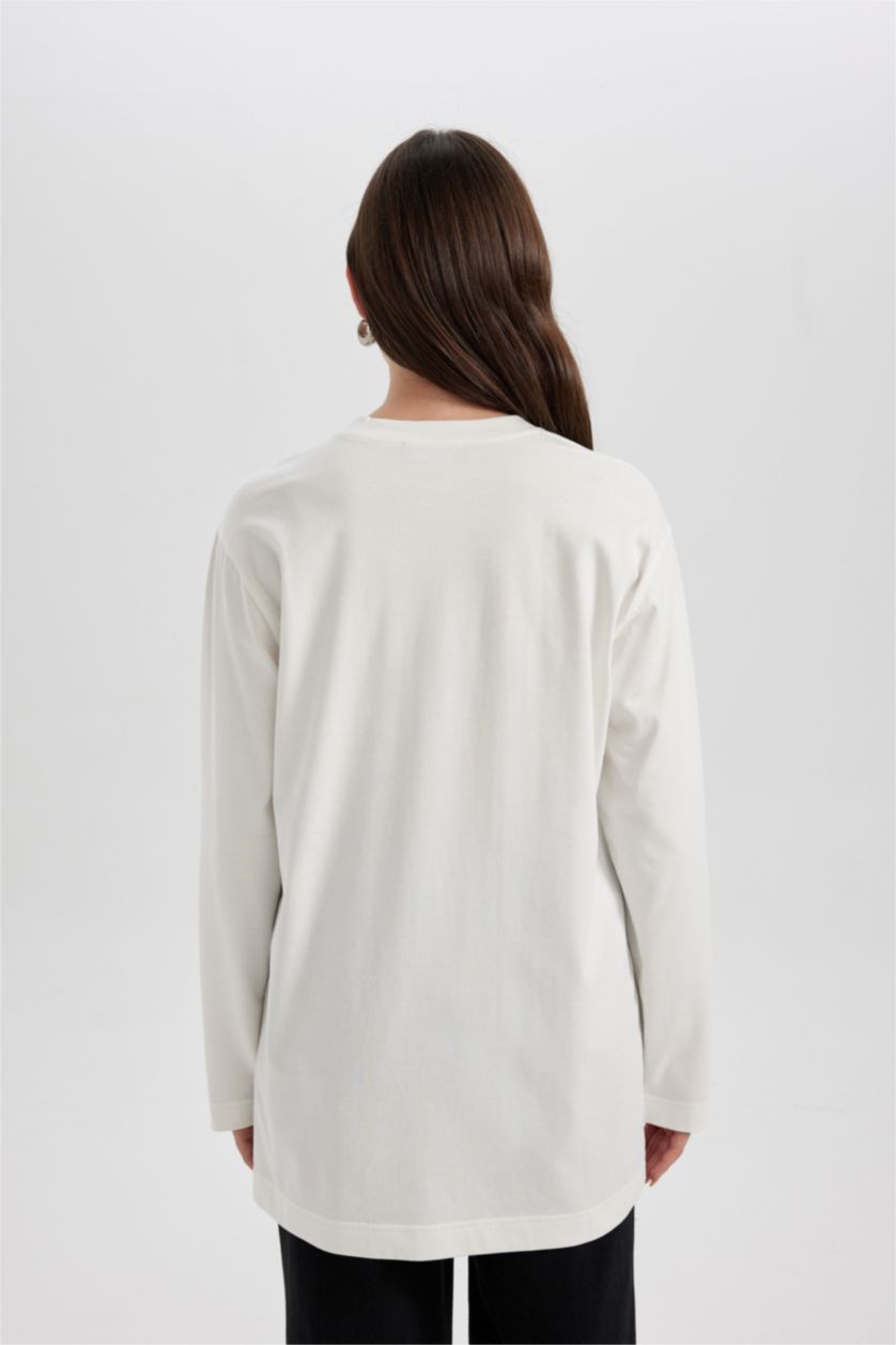 WOMAN Ecru Regular Fit Crew Neck Slogan Pattern Long Sleeve Tunic