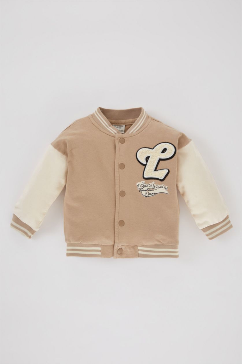 BABY BOY Beige Regular Fit Bomber Collar Cardigan Slogan