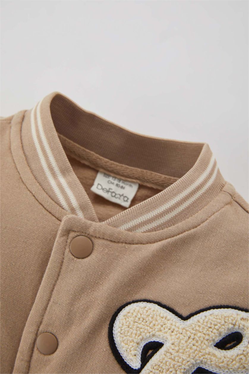 BABY BOY Beige Regular Fit Bomber Collar Cardigan Slogan