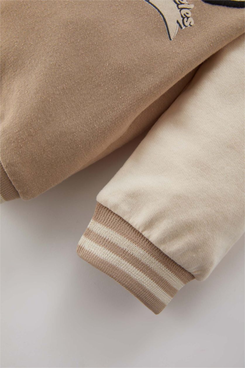 BABY BOY Beige Regular Fit Bomber Collar Cardigan Slogan