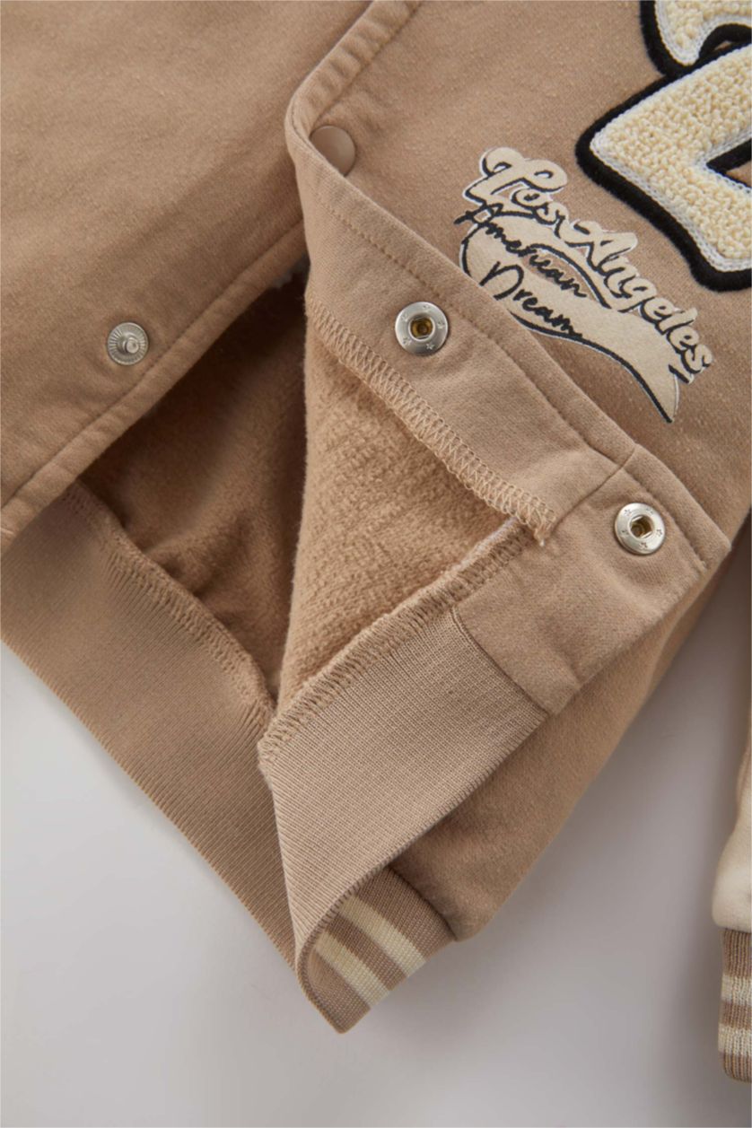 BABY BOY Beige Regular Fit Bomber Collar Cardigan Slogan