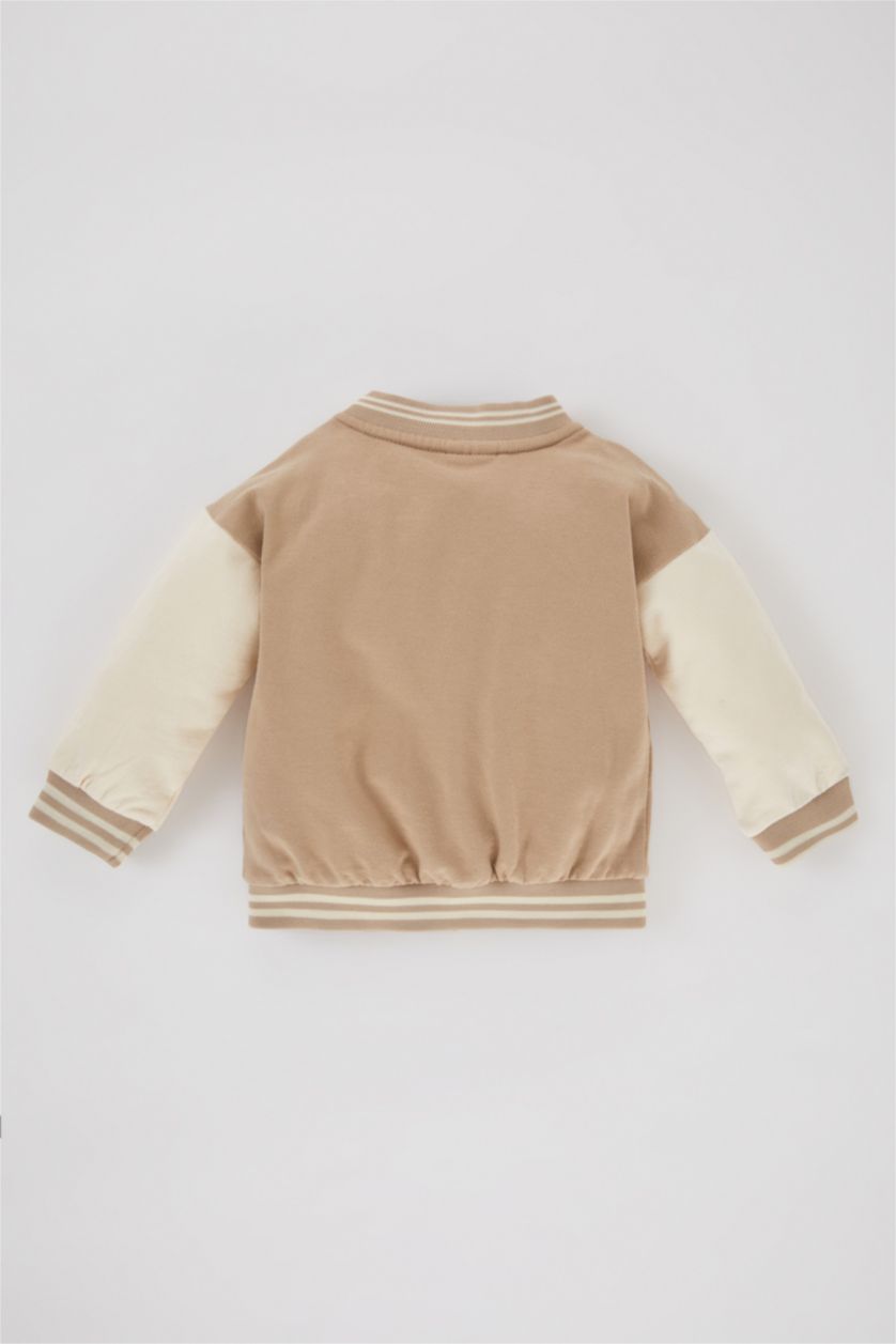 BABY BOY Beige Regular Fit Bomber Collar Cardigan Slogan