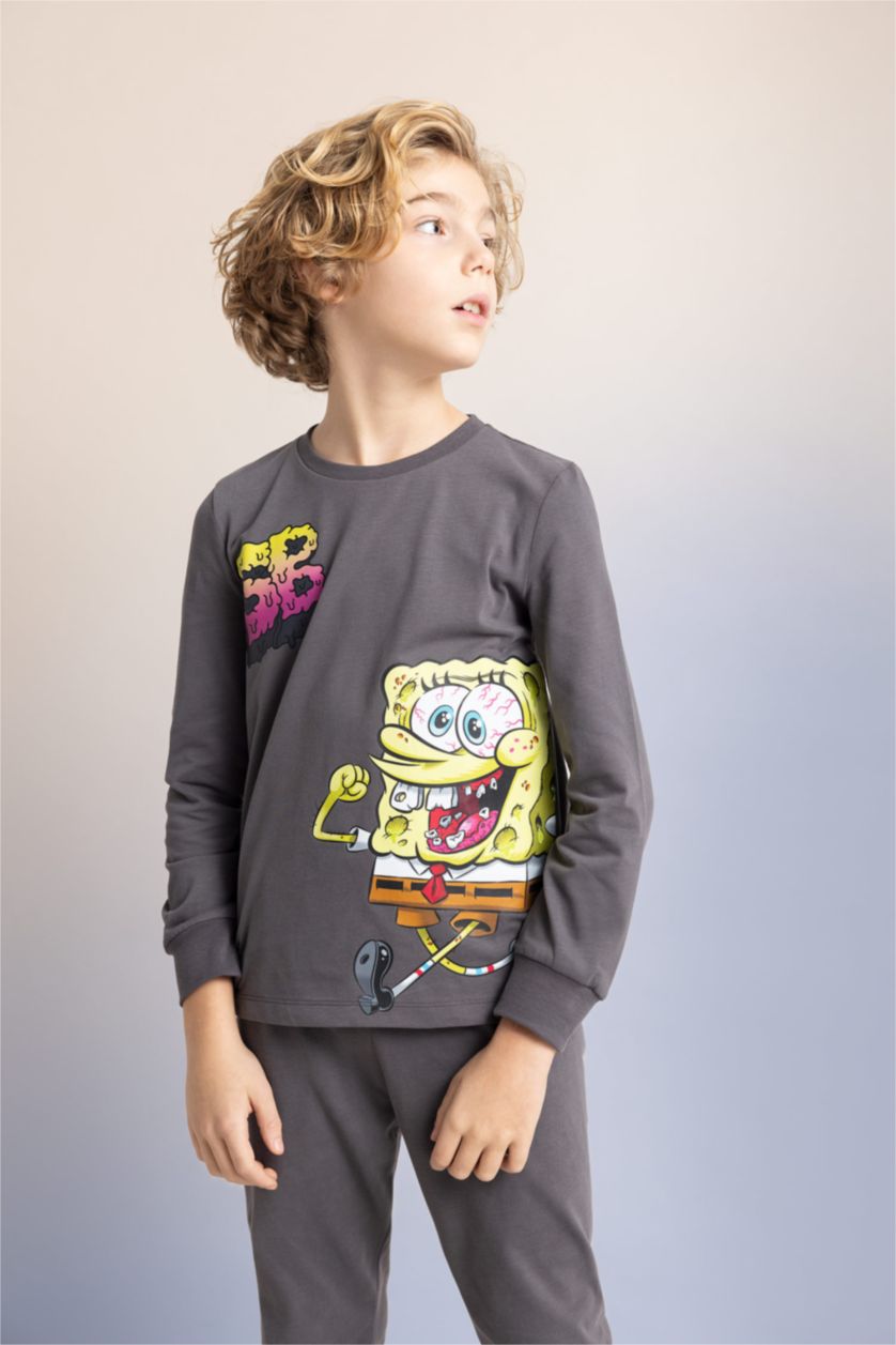 Erkek Çocuk - Genç Erkek Antrasit Erkek Çocuk SpongeBob Uzun Kollu Penye Pijama Takımı
