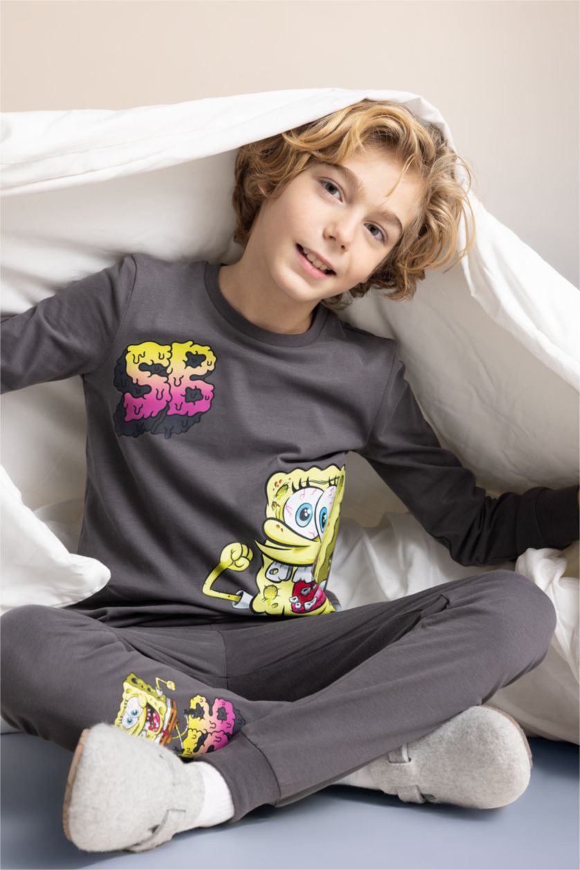 Erkek Çocuk - Genç Erkek Antrasit Erkek Çocuk SpongeBob Uzun Kollu Penye Pijama Takımı