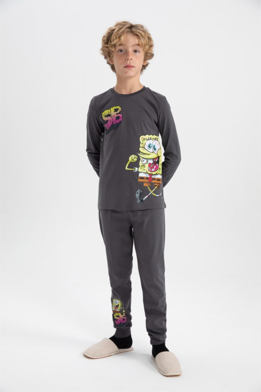 Erkek Çocuk - Genç Erkek Antrasit Erkek Çocuk SpongeBob Uzun Kollu Penye Pijama Takımı