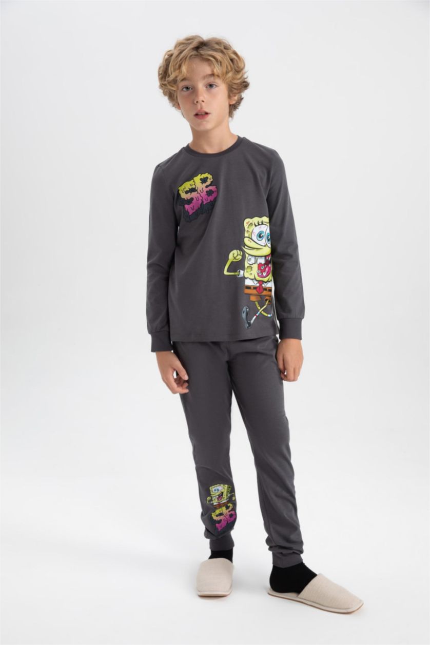 Erkek Çocuk - Genç Erkek Antrasit Erkek Çocuk SpongeBob Uzun Kollu Penye Pijama Takımı