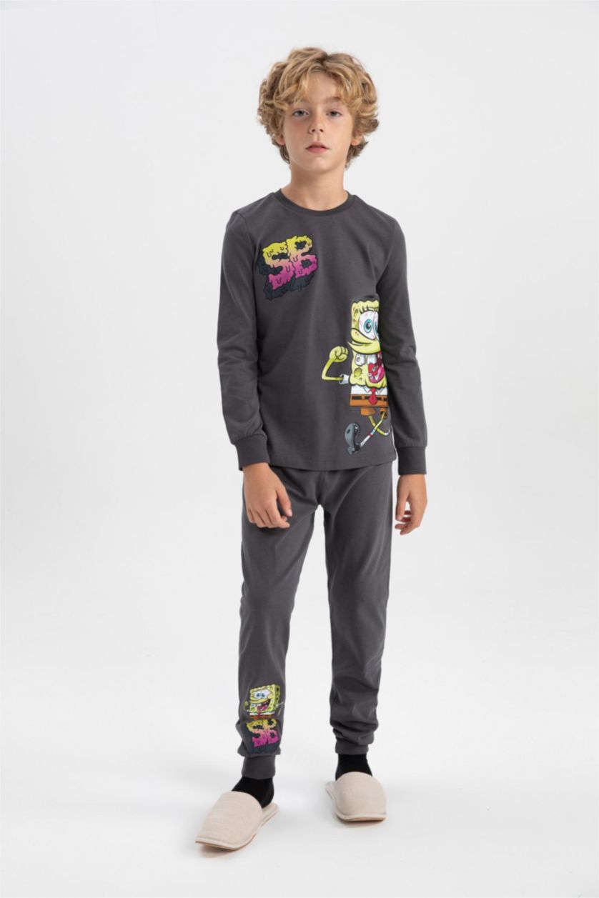 Erkek Çocuk - Genç Erkek Antrasit Erkek Çocuk SpongeBob Uzun Kollu Penye Pijama Takımı