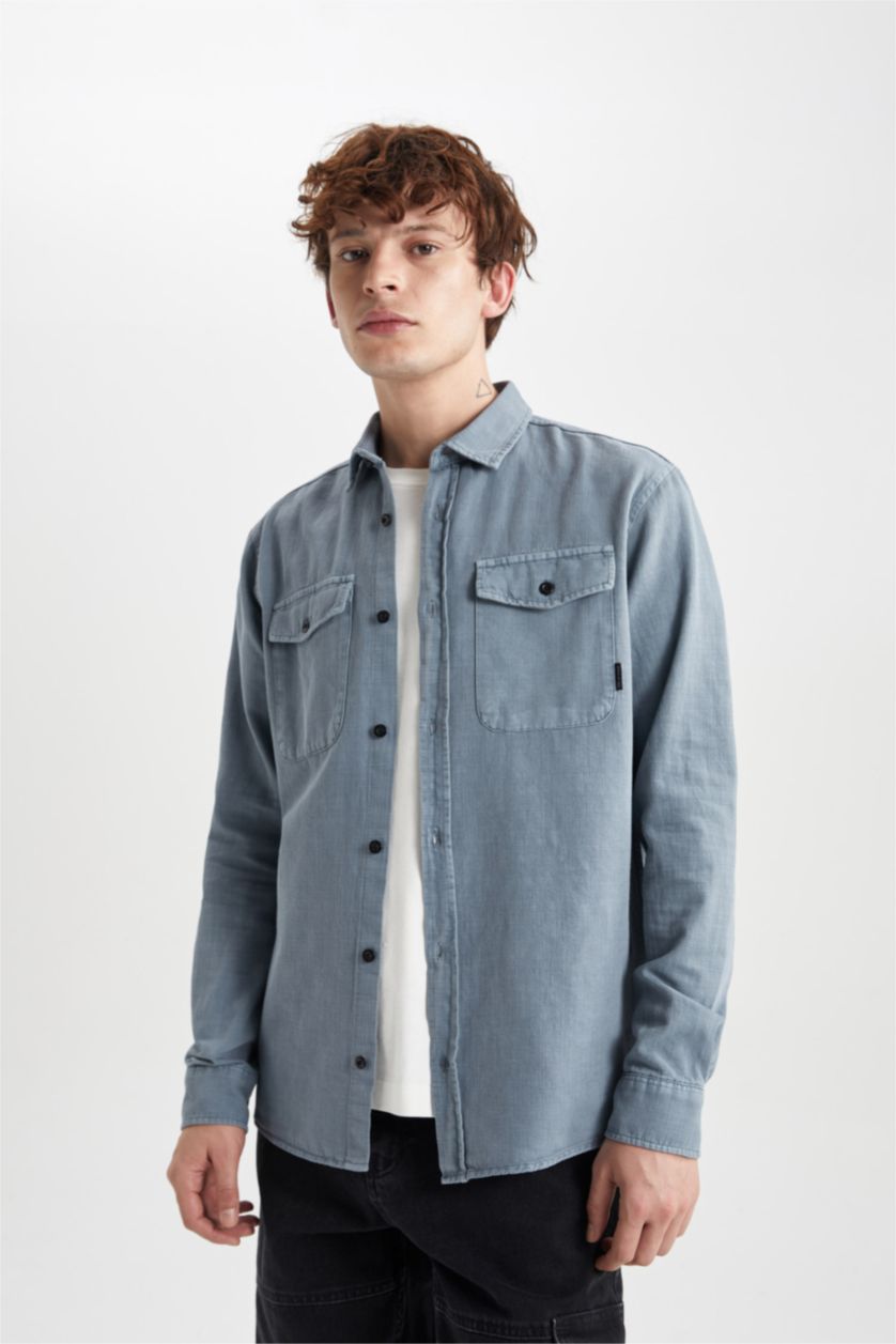 رجال أزرق فاتح قميص كم طويل قطن قصة عادية