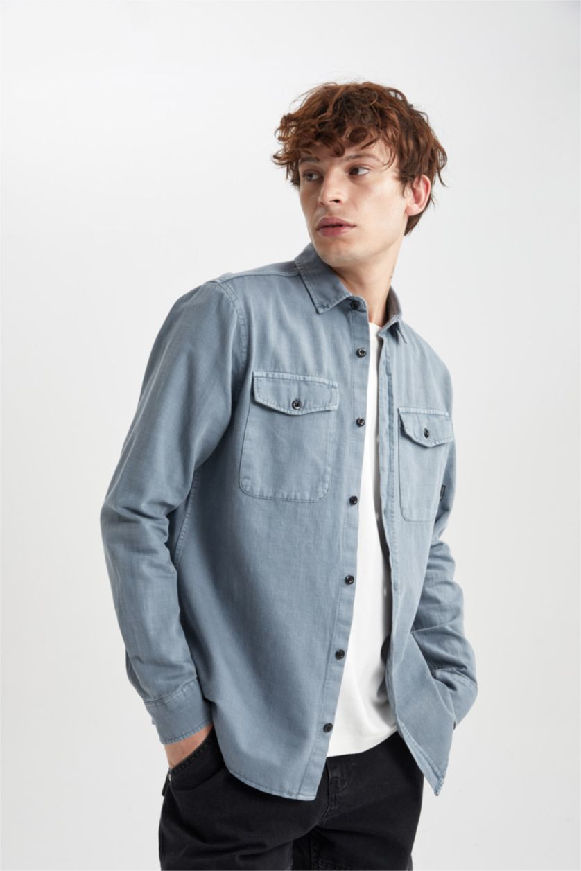 رجال أزرق فاتح قميص كم طويل قطن قصة عادية