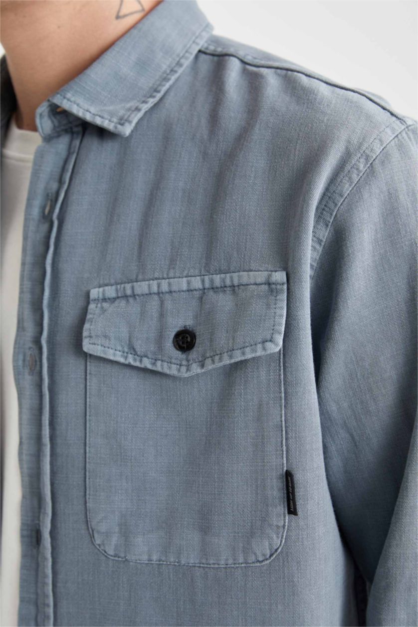 رجال أزرق فاتح قميص كم طويل قطن قصة عادية