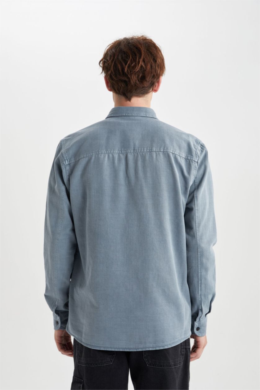 رجال أزرق فاتح قميص كم طويل قطن قصة عادية