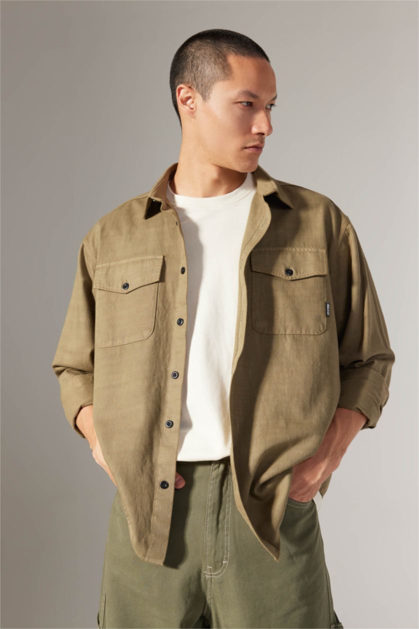 Man Khaki Regular Fit Cotton Long Sleeve Shirt