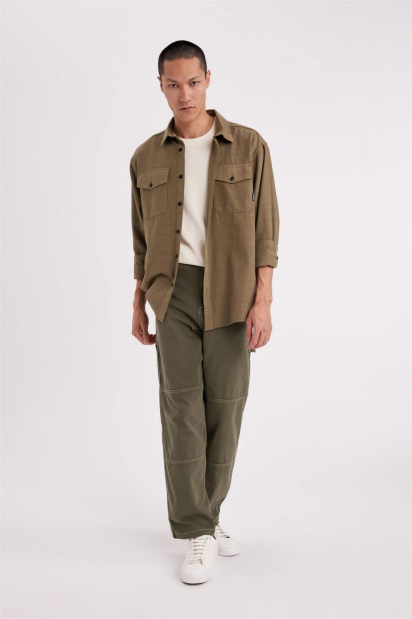 Man Khaki Regular Fit Cotton Long Sleeve Shirt