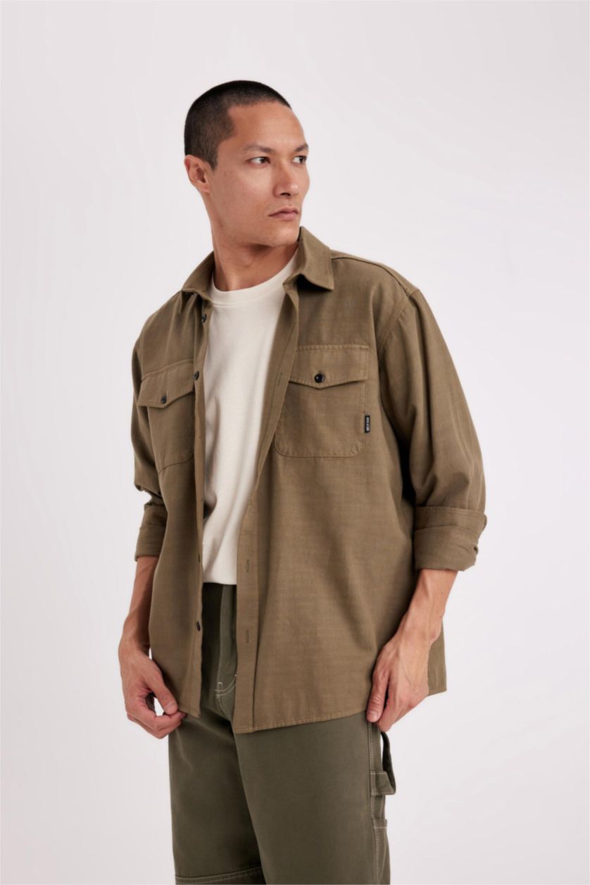 Man Khaki Regular Fit Cotton Long Sleeve Shirt