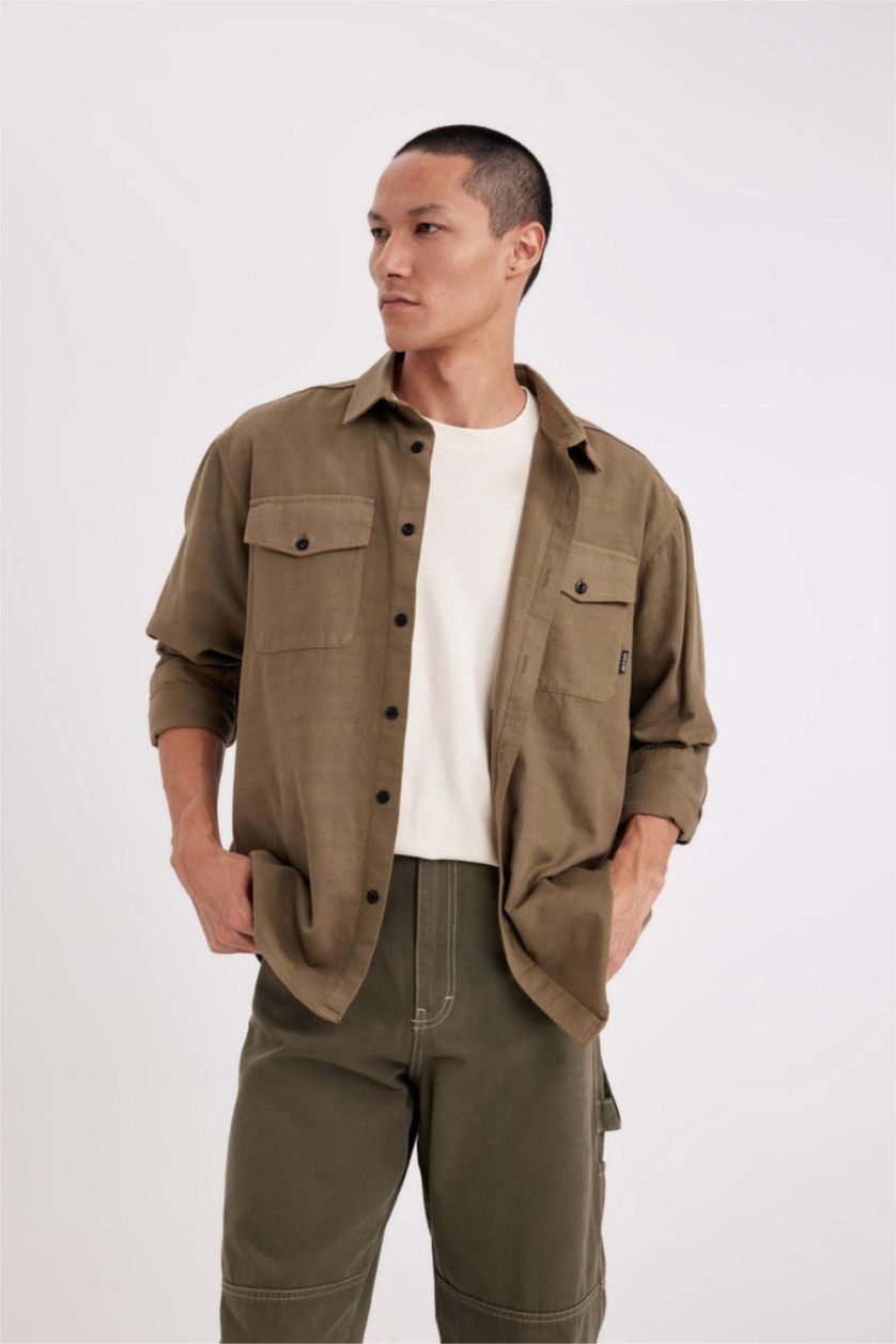 Man Khaki Regular Fit Cotton Long Sleeve Shirt