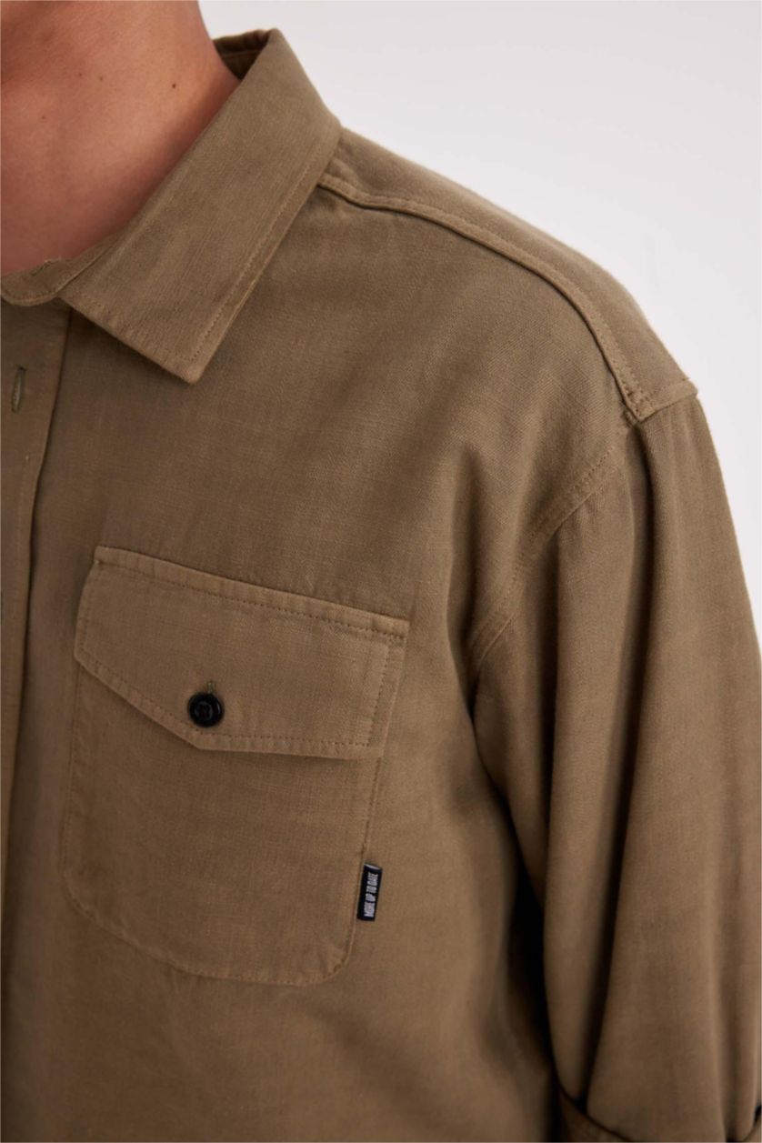 Man Khaki Regular Fit Cotton Long Sleeve Shirt