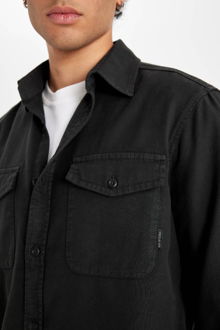 Erkek Antrasit %100 Pamuk Regular Fit Polo Yaka Basic Düz Uzun Kollu Gömlek