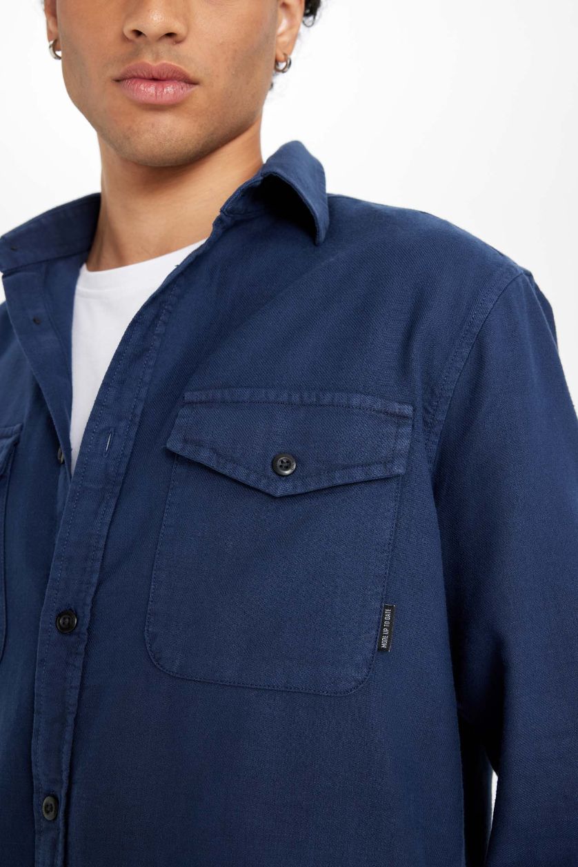 Erkek Lacivert %100 Pamuk Regular Fit Polo Yaka Basic Düz Uzun Kollu Gömlek