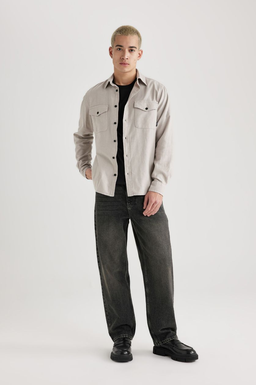 رجالي رمادي قميص قطن قصة عادية بكم طويل