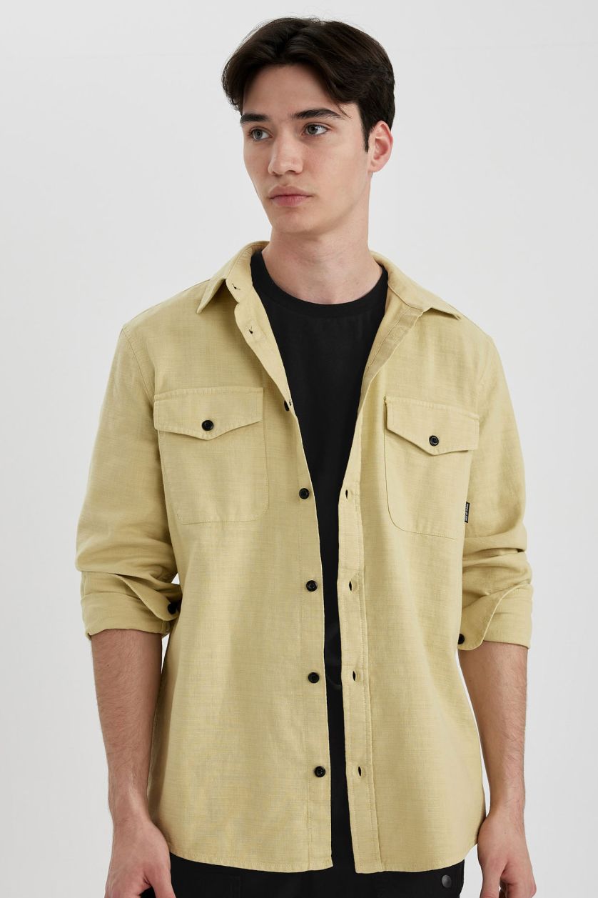 Man Açık Zeytin Yeşili Regular Fit Cotton Long Sleeve Shirt