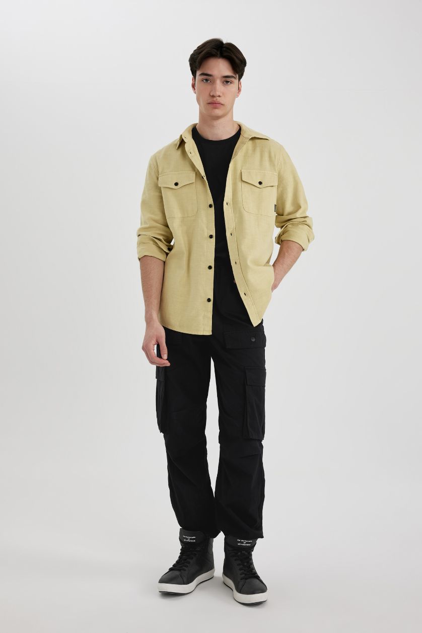 Man Açık Zeytin Yeşili Regular Fit Cotton Long Sleeve Shirt