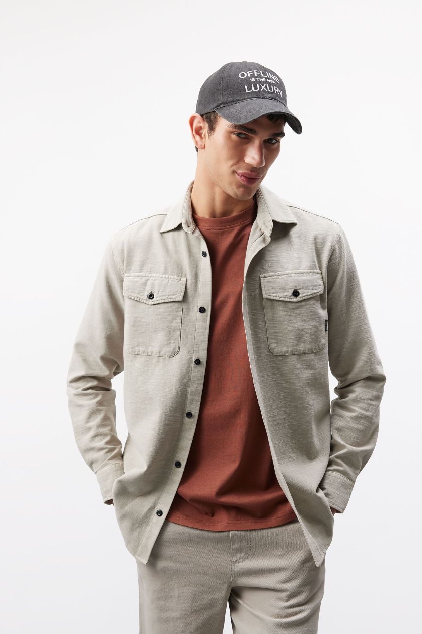 Erkek Kum %100 Pamuk Regular Fit Polo Yaka Basic Düz Uzun Kollu Gömlek