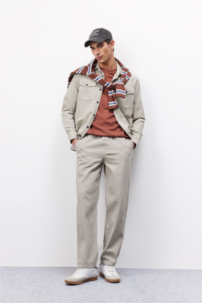 Erkek Kum %100 Pamuk Regular Fit Polo Yaka Basic Düz Uzun Kollu Gömlek