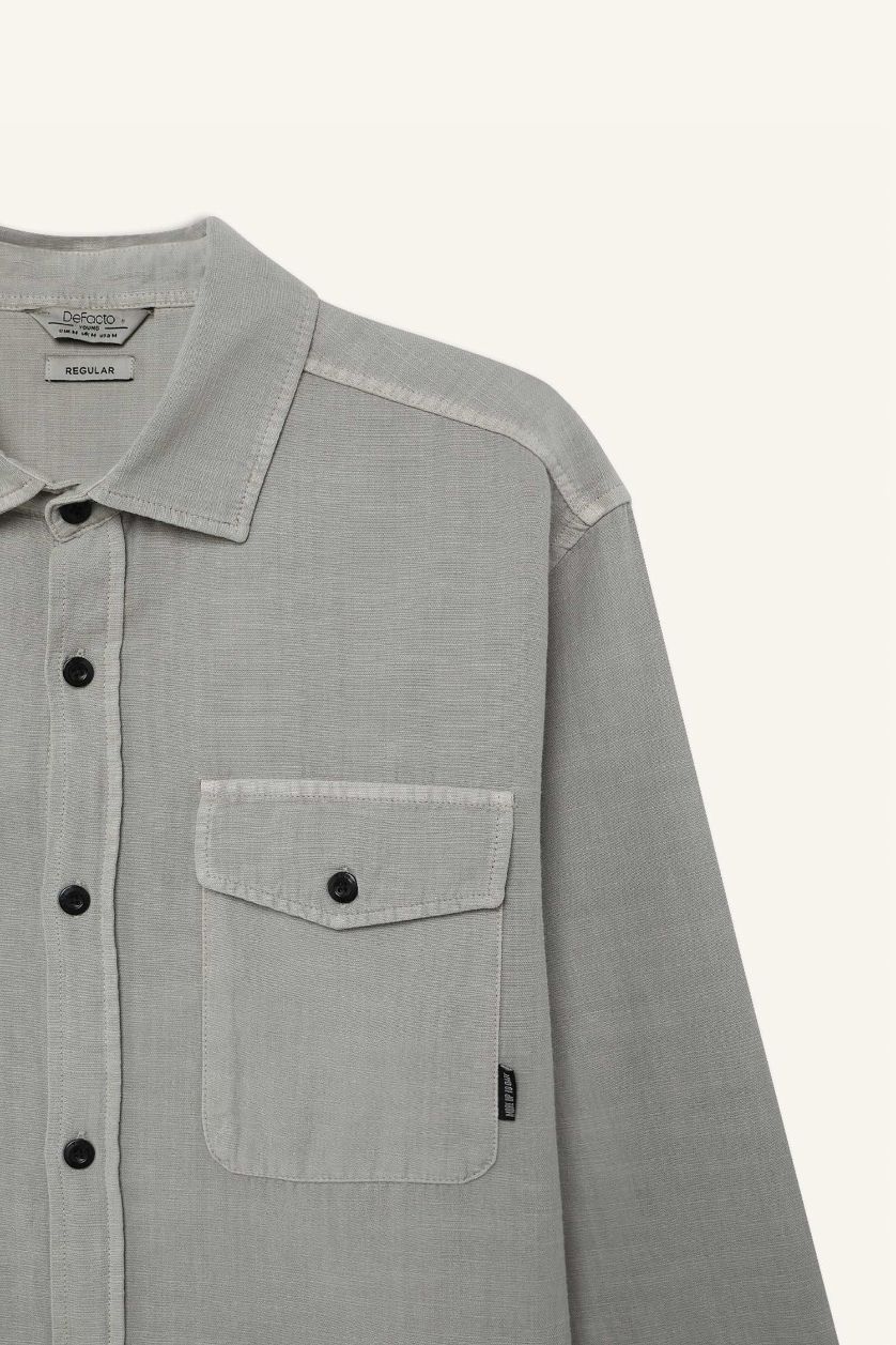 Erkek Kum %100 Pamuk Regular Fit Polo Yaka Basic Düz Uzun Kollu Gömlek