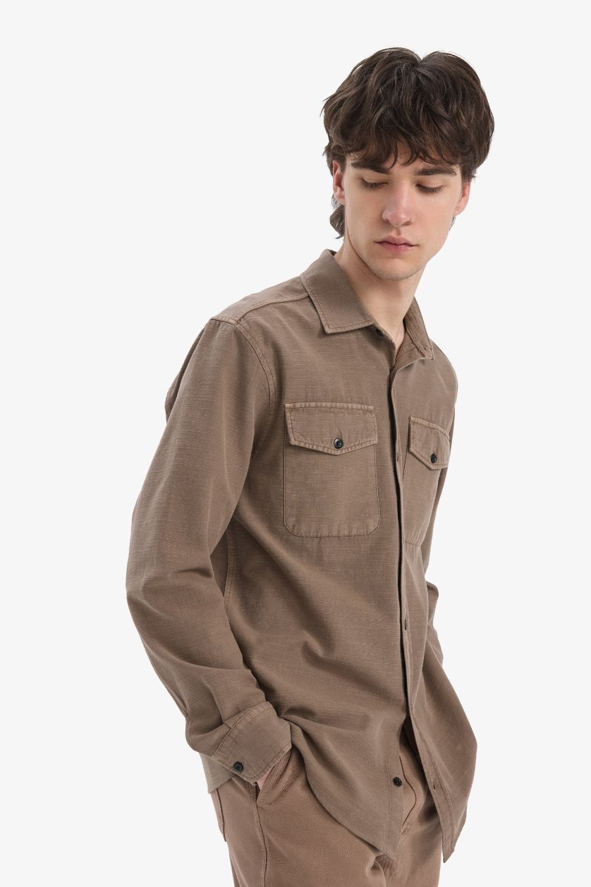 MAN Light Brown Regular Fit Cotton Long Sleeve Shirt