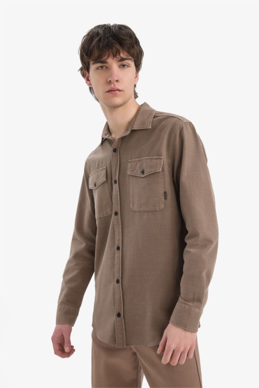 MAN Light Brown Regular Fit Cotton Long Sleeve Shirt