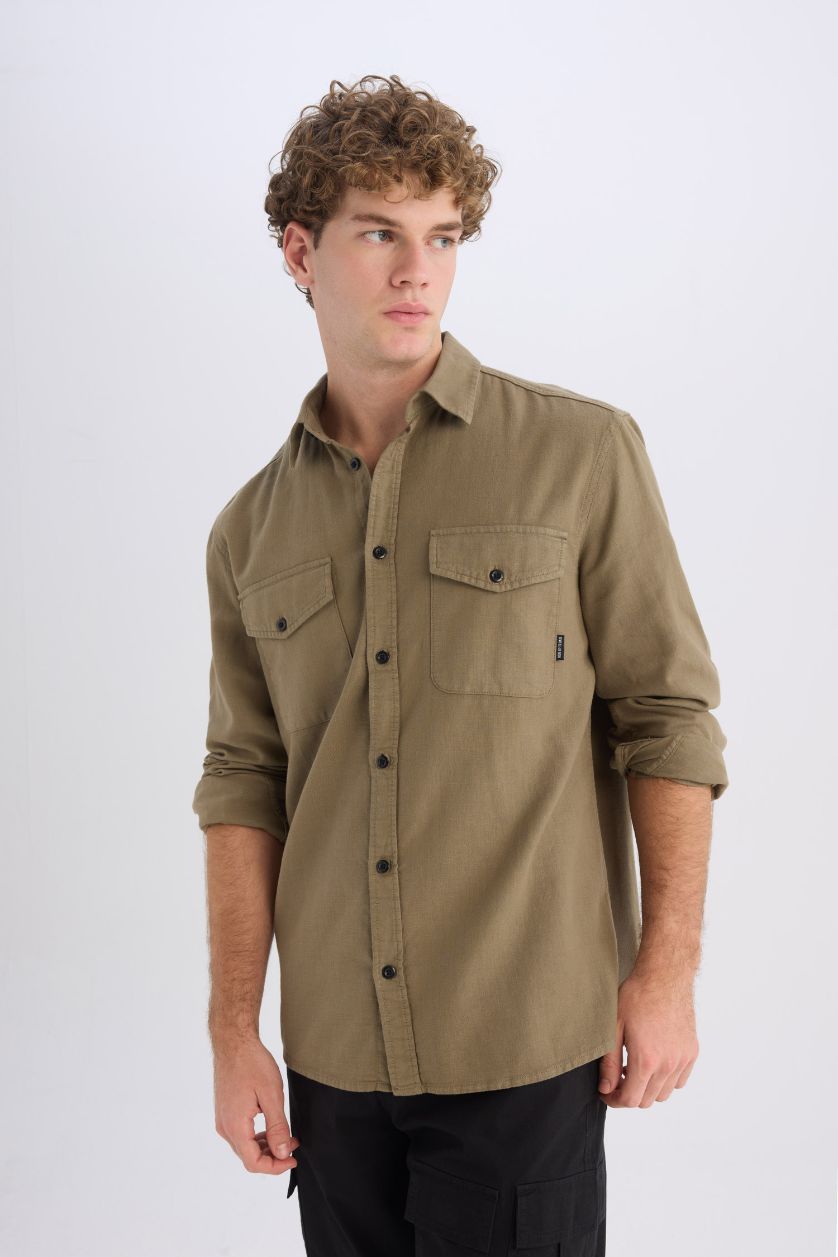 Erkek Haki %100 Pamuk Regular Fit Polo Yaka Basic Düz Uzun Kollu Gömlek