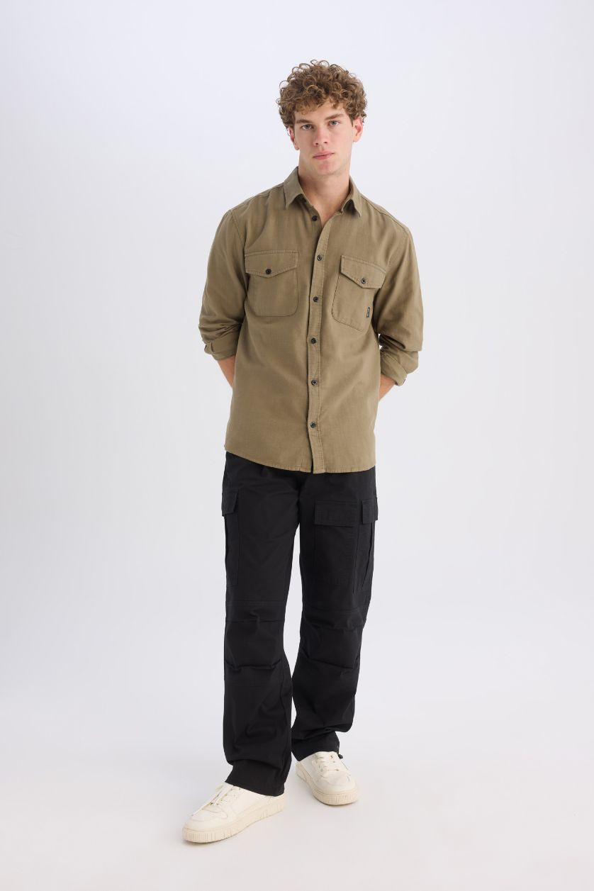 Erkek Haki %100 Pamuk Regular Fit Polo Yaka Basic Düz Uzun Kollu Gömlek