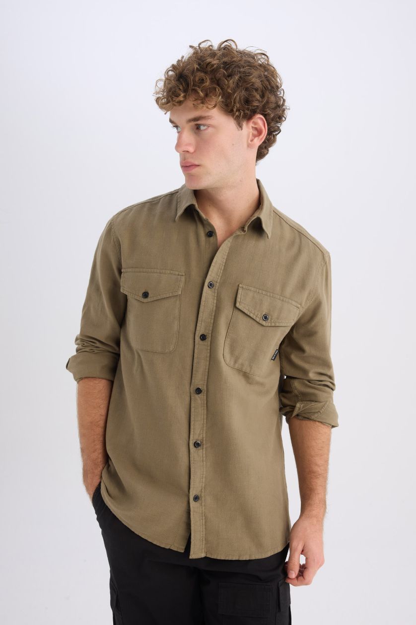 Erkek Haki %100 Pamuk Regular Fit Polo Yaka Basic Düz Uzun Kollu Gömlek